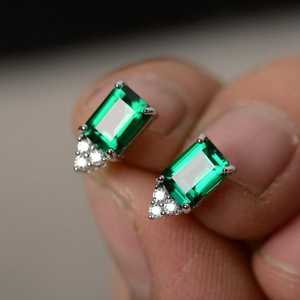 <b>Emerald</b> <b>Stud</b> Earrings Sterling Silver Green Gemstone May Birthstone Jewelry Gift For Women Elegant - Product Image 4