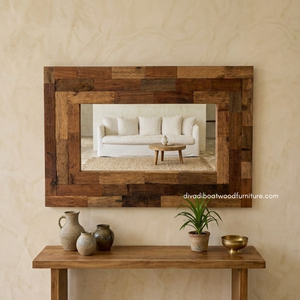 Espejo de Pared Rústico Hecho a Mano, Ecológico, Duradero, de Madera Reciclada de Barco, Color Original, para Sala de Estar, Dormitorio, Villa - Product Image 2