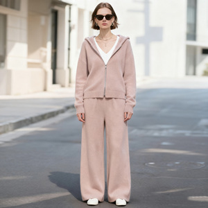 Ensemble de survêtement à capuche pour femmes, manches longues, couleur unie, coupe ample décontractée, fermeture éclair, style automne - Product Image 1
