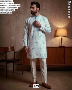 Bandhani <b>Men's</b> for Cotton Quick Dry <b>Kurta</b> Gold Embroidery Regular Fit Floor-Length Traditional Indian Pakistani Wedding Wear - Product Image 2