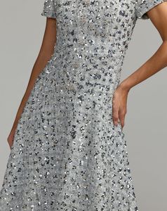 Robe fourreau mi-mollet élégante en satin et sequins, style vintage, avec col rond et manches courtes, gris - Product Image 6