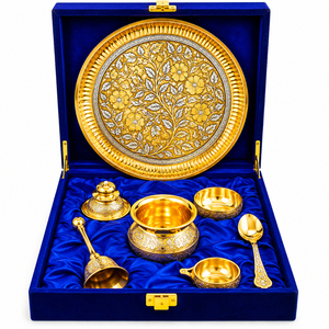 Ensemble de 8 thalis de Pooja artisanaux en laiton pur de qualité supérieure, assiette traditionnelle indienne pour la Puja avec cloche Diya et Kalash pour le Mandir à domicile - Product Image 5
