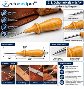 Punzón de costura de cuero con mango de madera, punta larga de acero inoxidable, mango marrón natural, herramienta para joyería y artesanía en cuero ZETOMEDPR - Product Image 6