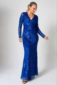 Vestido de noche de sirena de gasa transparente con cuello alto, manga acampanada, efecto ilusión, con relieve, cuentas y lentejuelas, largo hasta el suelo y cintura natural, color verde azulado. - Product Image 2