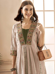 <b>Women</b> Beige Cotton Digital Print Embroidered Quick Dry <b>Kurta</b> Green Trouser Set Traditional Regular Fit Knee Length Casual Wear - Product Image 3