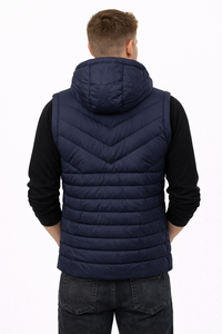 Chaleco acolchado con capucha azul marino para hombre, ligero, con cremallera, sin mangas, aislante, para invierno, para aventuras al aire libre - Product Image 2