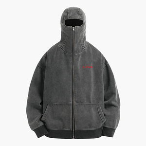 Sweat à capuche cagoule zippé intégral en molleton de coton personnalisé, effet délavé vintage, épais, style streetwear, coupe oversize, masque cagoule intégré - Product Image 2