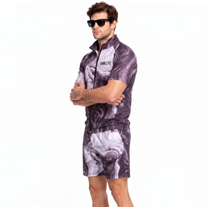 High Quality Men's Two Piece Set Zip Up Stand Collar Shirt And Shorts Printed Sporty Summer Outfit - Product Image 1