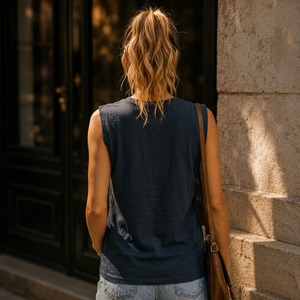 T-shirt d'été sans manches pour femme en coton peigné tricoté jersey simple coupe muscle - Product Image 4