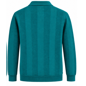 Teal Blue <b>Mens</b> <b>Long</b> <b>Sleeve</b> Knitted <b>Polo</b> <b>Shirt</b> Vertical Textured Stripe Design Ribbed Hem Casual Premium Pullover Fashion Top - Product Image 2