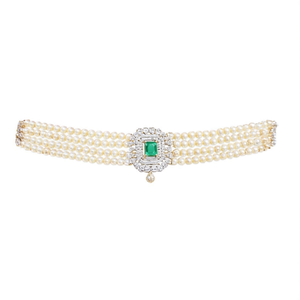 Four Line Pearl Choker with Green Stone-Gold Plated Brass Religious Ethnic Wedding Necklace - Product Image 2