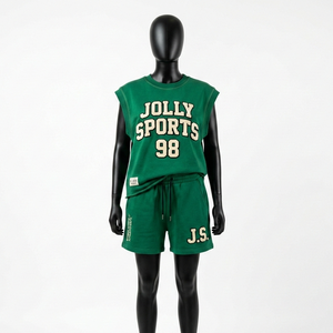 ชุดเสื้อยืดแขนกุดและกางเกงขาสั้นสำหรับผู้หญิง ผ้าฝ้ายพรีเมียม 280 GSM ผ้าเฟรนช์เทอร์รี่ พิมพ์ลายโลโก้สีเขียว ชุดเซ็ตสำหรับผู้หญิง - Product Image 6