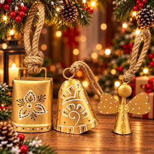 Distinctive Golden Iron Hanging Bells with Hand Painted Folk Designs Floral Medallion <b>Artwork</b> and Braided Rope Hangers - Product Image 6