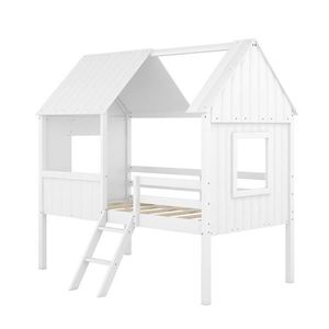 Twin Size Low Loft Kids' Bed with Two Side <b>Windows</b> White Wooden House Bed - Product Image 4