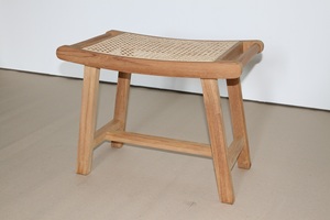 <b>Stool</b> with Solid Teak Wood Frame and Handcrafted Rattan Weaving Curved Seat Well Sanded Finish - Product Image 2