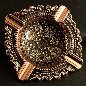 Vintage Brass Round Desktop Ashtray with Floral Design for Home Decor - Product Image 1