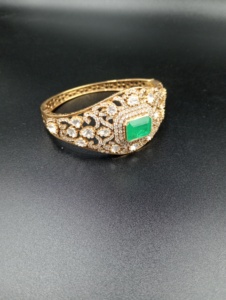 Classic Gold Plated <b>Cuff</b> <b>Bracelet</b> With Emerald Cut Green Stone And Round Brilliant Cut Diamonds Women's Wedding Jewelry - Product Image 5