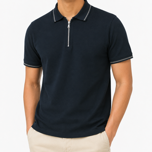 Pull décontracté classique pour homme à col zippé, tricoté avec bordures contrastées sur le col et les poignets, manches courtes, qualité supérieure pour usage quotidien, personnalisable OEM/ODM - Product Image 1