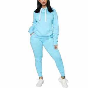 Women Plus Size Light Blue Hooded <b>Tracksuit</b> Full Sleeve Solid Color Casual Jogger Set Side Pockets Elastic Waist - Product Image 1