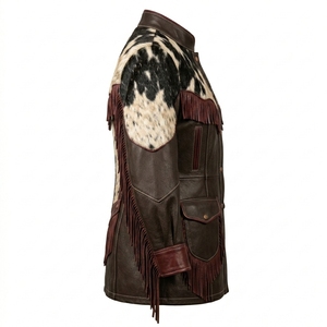 Manteau long en cuir pour femme, style western, col montant, marron foncé bordeaux, en cuir de vachette à poils, avec franges et pompons - Product Image 3