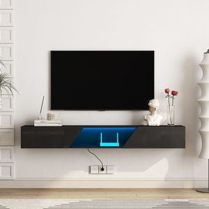 Modern 69\" Wall-Mounted Floating <b>TV</b> <b>Stand</b> with 16-Color LEDs 55 60 <b>65</b> Inch <b>TV</b> Compatible Black Entertainment Center - Product Image 1