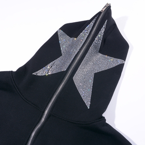 Sudadera con capucha unisex con cremallera completa y estrellas de diamantes de imitación, de algodón grueso, estilo oversize, personalizada para streetwear. - Product Image 3