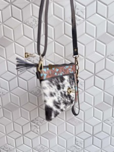 Cowhide Fur Leather Handbag Carving Hand Tooled Leather Tassel <b>Boho</b> Turquoise Color Unique Design Fur Sling <b>Bag</b> for Women - Product Image 2