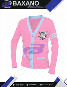 Suéter Cárdigan de la Hermandad Gamma Phi Delta, Tejido Rosa con Rayas Azul Claro y Logotipo Bordado, Ropa de la Hermandad GPD - Product Image 5