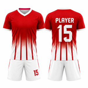 Ensemble de maillots de football personnalisés sublimés, rayé rouge et blanc, col en V, manches courtes, évacuation de l'humidité, pour hommes adultes, 100% polyester - Product Image 1
