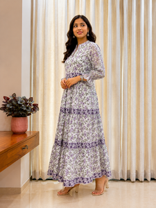 Classy And Trendy Women Natural <b>Muslin</b> Floral Maxi <b>Dress</b> 100% Cotton Loose Fit V-neck Hand Print <b>Dress</b> For Women And Girls Wear - Product Image 1