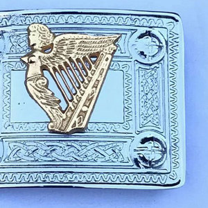 Hebilla de cinturón premium para kilt escocés, diseño celta plateado con insignia de arpa irlandesa dorada, suministros de fábrica - Product Image 4