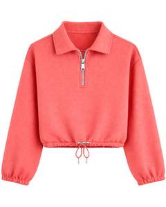 Sudadera Corta Rosa Coral Personalizada para Mujer con Cierre de Cremallera, Estilo Casual, con Cordón Ajustable en el Bajo, de Felpa Suave, Algodón y Poliéster, para Invierno - Product Image 1