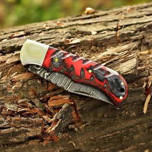 Couteau pliant en acier Damas avec verrouillage arrière, manche en bois Pakka, étui de transport vertical, couteau de poche EDC pour la chasse et le camping, couteau personnalisé OEM - Product Image 6