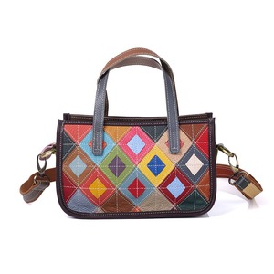 Ando Bag Genuine Cowhide Leather <b>Small</b> <b>Handbag</b> <b>Women</b> Colorful Diamond Patchwork with Detachable Shoulder Strap - Product Image 1