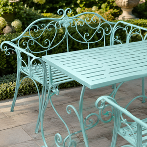 Ensemble de salle à manger de jardin en fer forgé vert menthe avec table à lattes et bancs ornés pour mobilier de patio extérieur - Product Image 3