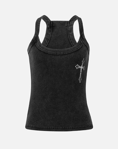 XL Size Women's Black Knitted Tank <b>Top</b> Gothic <b>Cross</b> Print Scoop Neck Breathable Regular Length Solid Color Front Logo 2026 Sale - Product Image 1