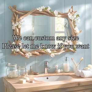 Espejo con Marco de Madera Rústico con Flores Blancas, Decoración de Baño para Montar en la Pared, Diseño Rectangular Hecho a Mano - Product Image 6