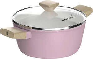 Juego de ollas SUNHOUSE de cerámica rosa antiadherente con base de acero inoxidable, tapas de vidrio y mangos de madera para cocinas de gas e inducción - Product Image 2