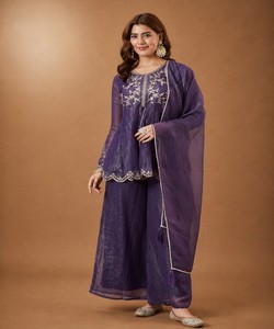Conjunto de Top, Pantalón Palazzo y Dupatta con Bordado de Seda Moderno y Texturizado, Ropa Étnica para Fiestas, Precio al por Mayor, Color Morado - Product Image 1