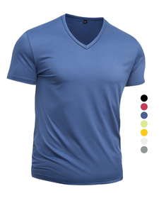 Men's V-Neck Short Sleeve Solid Color Cotton T-Shirt Regular Fit Casual Knitted Breathable 180g <b>Back</b> Logo Made Bangladesh - Product Image 2