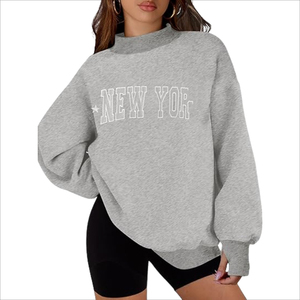 Sudaderas personalizadas con parche de chenilla en gris jaspeado, cuello simulado, hombros caídos, estilo varsity extragrande, sudaderas con capucha lisas para mujer para el invierno - Product Image 3