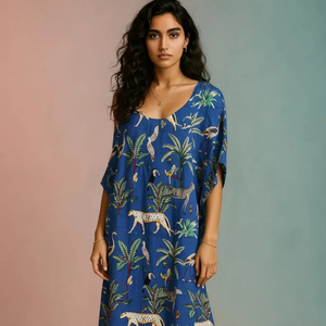 Kimono de Algodón con Estampado de Selva Tropical Azul, Túnica Midi para Playa, Ropa de Verano Ecológica y Transpirable para Mujer - Product Image 1