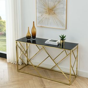 55\" Modern Gold <b>Sofa</b> <b>Table</b> with Sturdy Metal Frame & <b>Black</b> Tempered Glass Top Console <b>Tables</b> for Living Room Entryway - Product Image 1