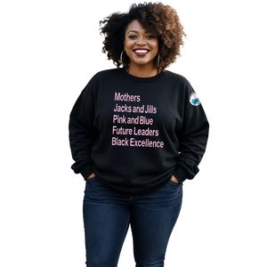Women's Black Pullover <b>Sweatshirt</b> Featuring Mothers Jacks and Jills <b>Pink</b> Future Leaders Black Excellence Front Text for Casual - Product Image 1