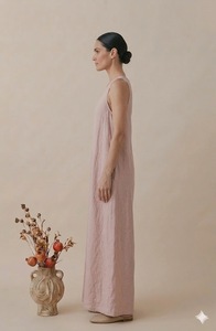 V Neck Sleeveless Maxi Linen <b>Dress</b> In Pink <b>Loose</b> Fit With Pockets Breathable Natural Waistline Minimalist Style Casual Wear - Product Image 3