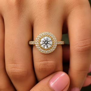 Élégantes bagues de fiançailles en or massif 14 carats avec double halo de diamants de laboratoire ronds, certifiées IGI, bijoux fins personnalisés pour femmes - Product Image 2
