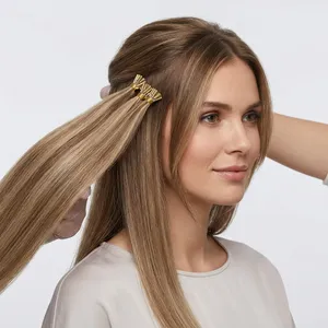 Extensions de cheveux humains lisses longs blond cendré ombré à clipser, Remy, double épaisseur, densité 100%, pour tête entière - Product Image 6