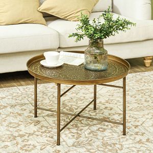 24-Inch <b>Round</b> Cafe <b>Table</b> with <b>Gold</b> Hammered Tray Top and Metal Frame for Living Room Use Coffee <b>Table</b> - Product Image 2