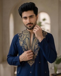 <b>Men's</b> Black Embroidered <b>Kurta</b> With Gold detailing Traditional Indian Wedding Wear Ankle Length Cotton Regular Fit - Product Image 5