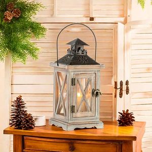 Farol de Madera Rústico para Velas, Decorativo, Estilo Rústico, con Paneles de Vidrio y Tapa de Metal - Product Image 1